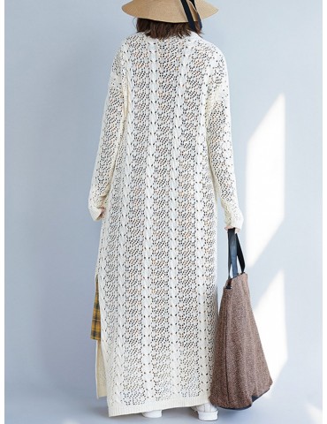 Knit Hollow Long Sleeve Solid Color Maxi Dress