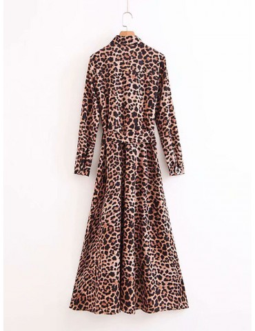 Leopard Button Down Drawstring Maxi Dress