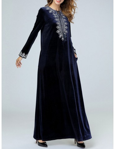 Elegant Muslim Velvet Embroidery Maxi Dress