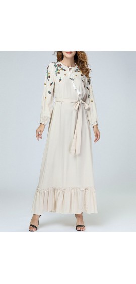 Flower Embroidered Long Sleeve Belted Maxi Dress