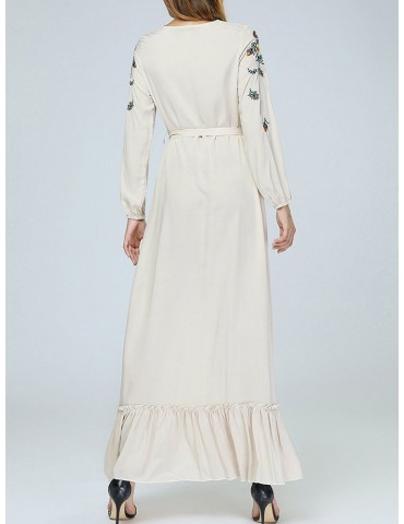 Flower Embroidered Long Sleeve Belted Maxi Dress