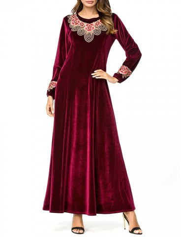 Islam Velvet Embroidery Long Sleeve Wine Red Long Dress