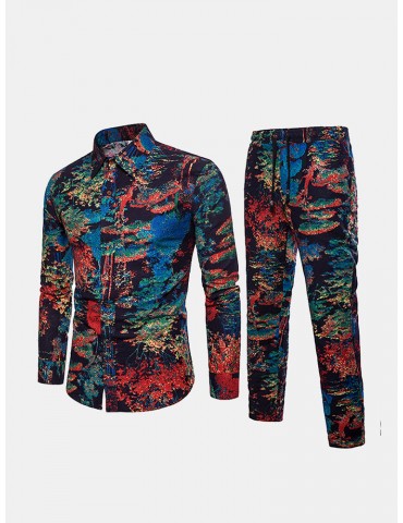 Linen Chinese Style Ethnic Printing Beach Shirt Pant Suit for Men