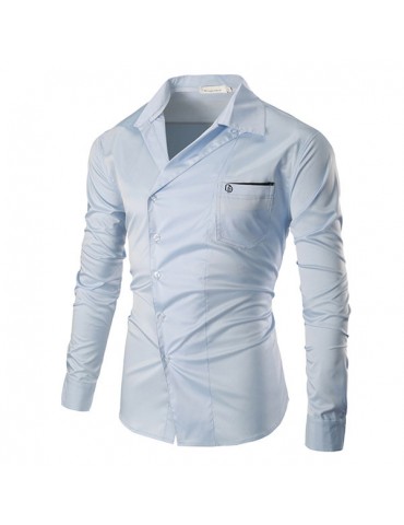 Casual Business Pocket Solid Color Band Collar Designer Shirts for Men