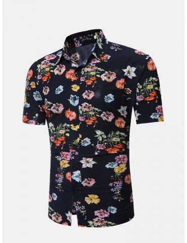 Casual Floral Printing Slim Fit Short Sleeve Dress Shirts For Men