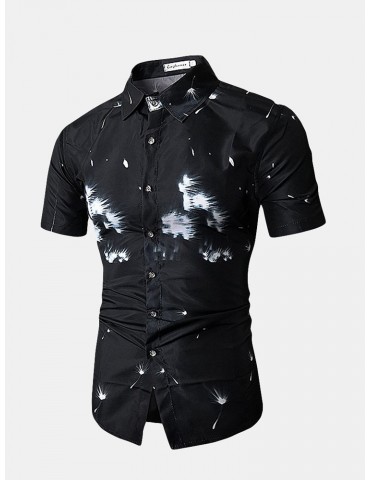 Men Casual Black Dandelion Printing Slim Fit Short Sleeve Shirt