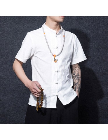 Men Casual Retro Chinese Button Slim Fit Cotton Linen Shirt
