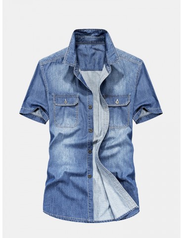 Casual 100% Cotton Thin Short Sleeve Denim Shirts For Men