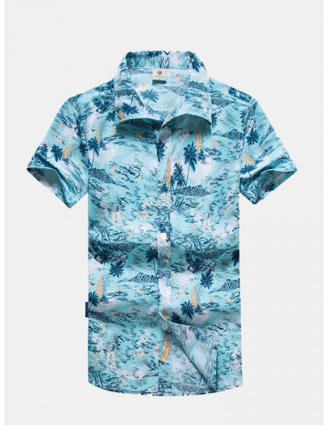 Men Casual Beach Lapel Collar Printing Short Sleeve Hawaiian Shirt