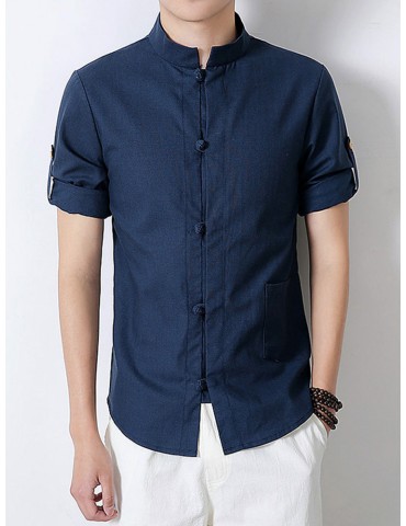 Men Chinese Style Retro Design Linen Shirts With Pocket