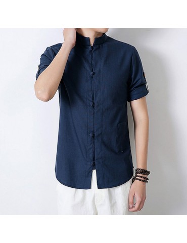 Men Chinese Style Retro Design Linen Shirts With Pocket