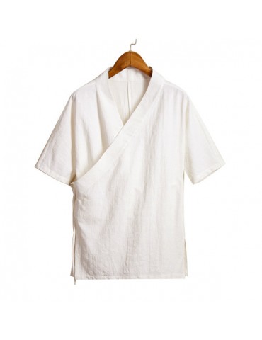 Half Sleeve V Neck Linen Summer Pure Color Side Lacing Closure Ethnic Shirts for Men
