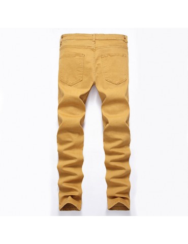 Khaki High Elastic Knee Zipper Opening Holes Ripped Jeans for Men