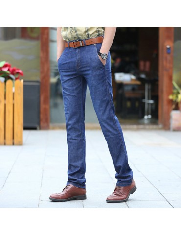 Casual Business Straight Leg High Elastic Solid Color Thin Loose Jeans for Men