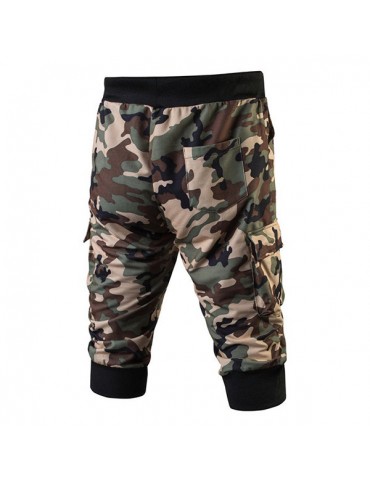 Mens Camo Printing Knitted Drawstring Zipper Pocket Casual Sport Shorts