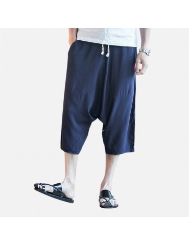 Men's Casual Cotton Linen Loose Pants Elastic Waist Knee Length Pants