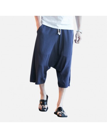Men's Casual Cotton Linen Loose Pants Elastic Waist Knee Length Pants