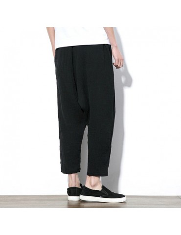 Mens Chinese Style Linen Harem Pants Elastic Waist Solid Color Loose Casual Pants