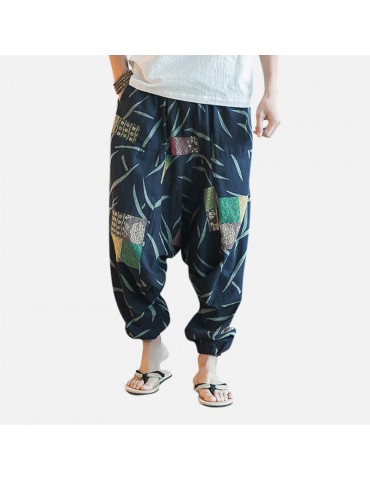 Mens Casual Cotton Linen Loose Pants Chinese Style Smock Waist Solid Wide Legs Trousers