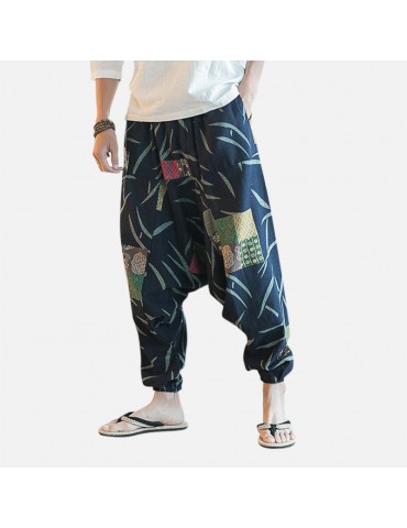 Mens Casual Cotton Linen Loose Pants Chinese Style Smock Waist Solid Wide Legs Trousers