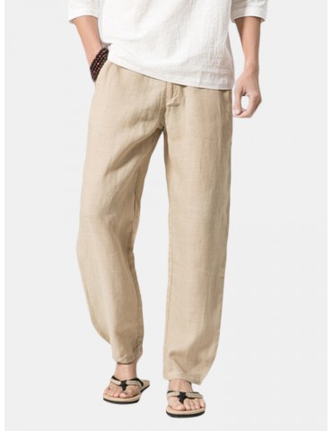 Mens Cotton Linen Breathable Loose Pants Zip Fly Elastic Waist Solid Color Casual Pants