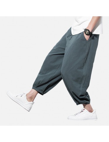 Mens Baggy Pants Streetwear Loose Cotton Linen Harm Pants Chinese Style Trousers