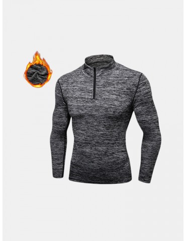 Men Fleece Long Sleeve Running Collar Half Zip Quick Dry Sport Solid Color T-shirt Tops