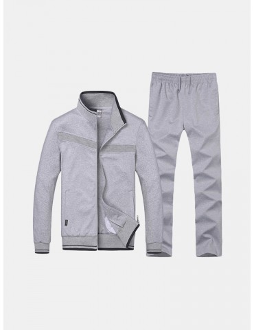 Mens Casual Sport Suits Solid Color Stand Collar Zip Up Hoodies Elastic Waist Joggers Sport Pants