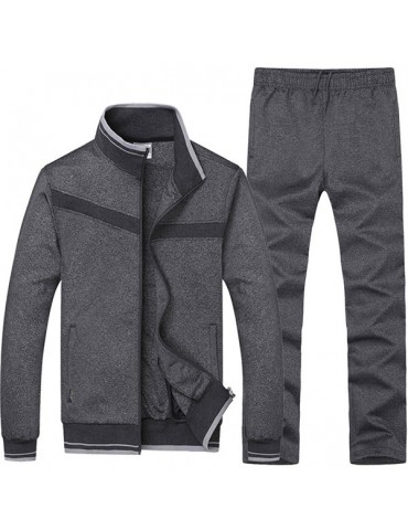 Mens Casual Sport Suits Solid Color Stand Collar Zip Up Hoodies Elastic Waist Joggers Sport Pants