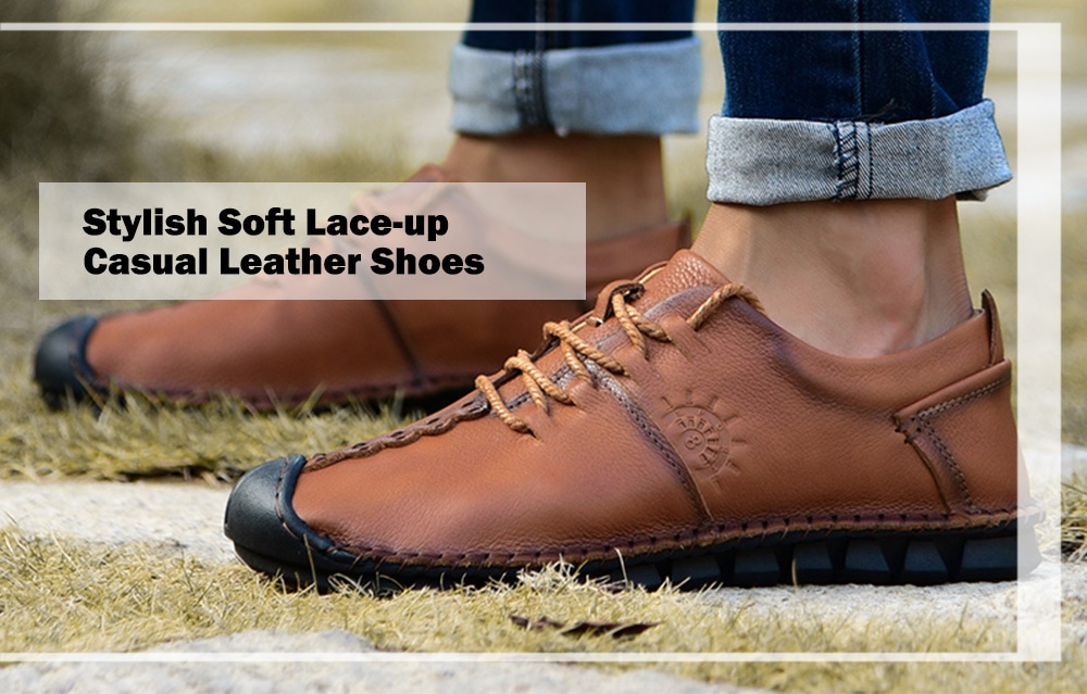 Stylish Flat Soft Men Lace-up Casual Leather Shoes- Dark Khaki 44