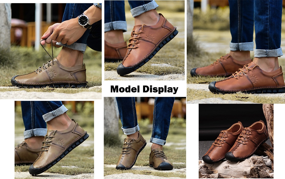 Stylish Flat Soft Men Lace-up Casual Leather Shoes- Dark Khaki 44 Stylish Flat Soft Men Lace-up Casual Leather Shoes- Dark Khaki 44