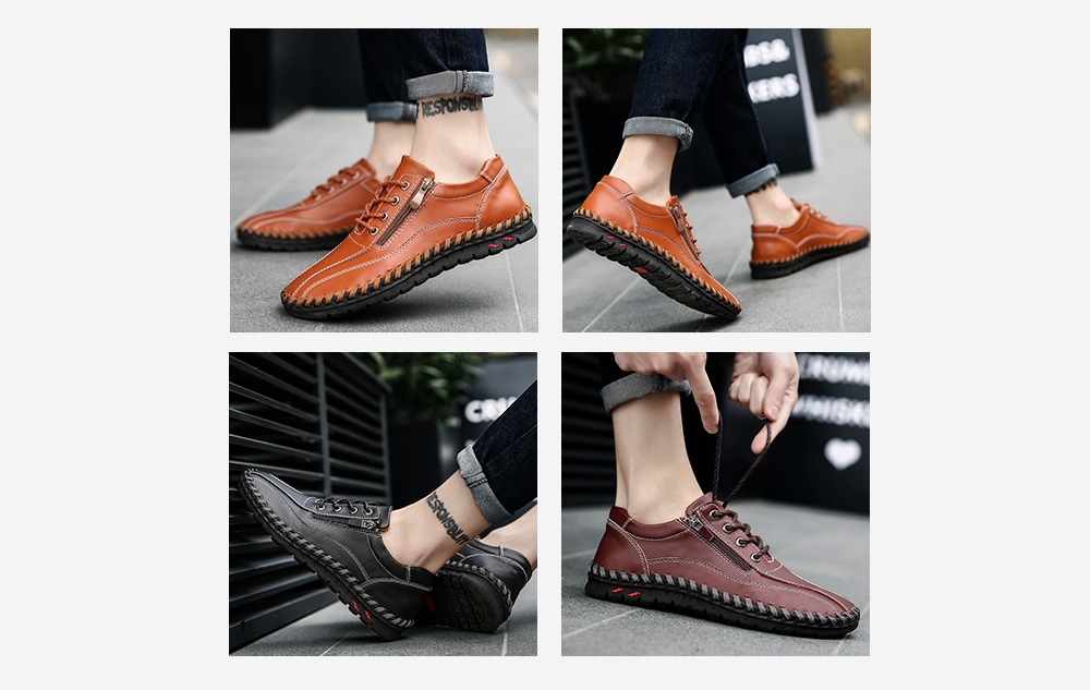 Men's Leather Hand Stitching Casual Shoes Breathable England Style Outdoor- Black EU 48 Men's Leather Hand Stitching Casual Shoes Breathable England Style Outdoor- Black EU 48