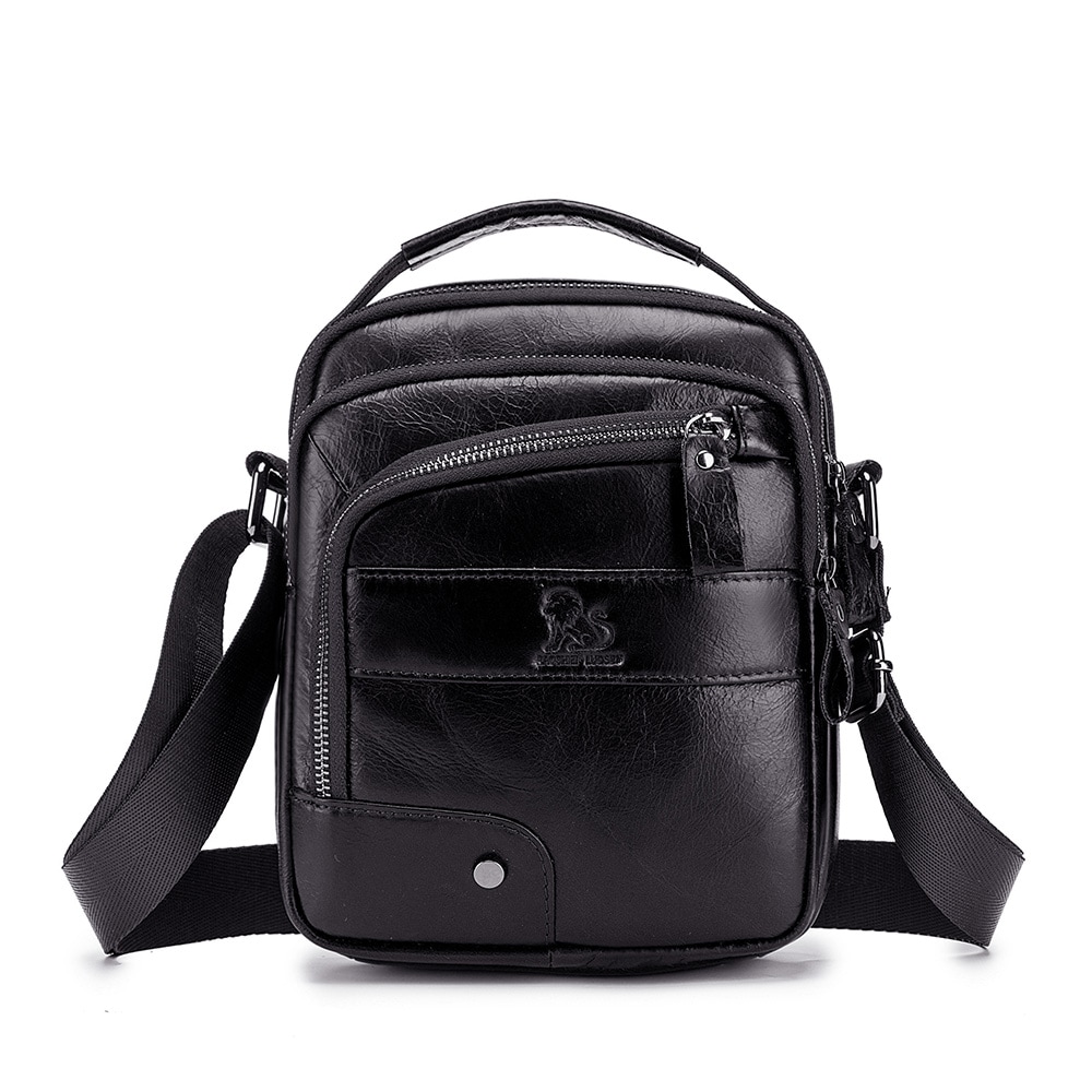 LAOSHIZI Layer of Real Leather Men's Small Bag Fashion One Shoulder Men's- Black LAOSHIZI Layer of Real Leather Men's Small Bag Fashion One Shoulder Men's- Black