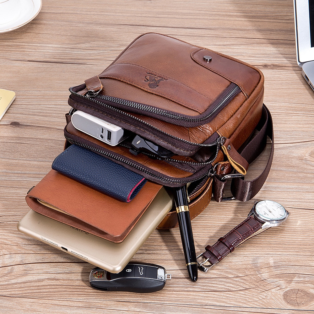 LAOSHIZI Layer of Real Leather Men's Small Bag Fashion One Shoulder Men's- Black LAOSHIZI Layer of Real Leather Men's Small Bag Fashion One Shoulder Men's- Black