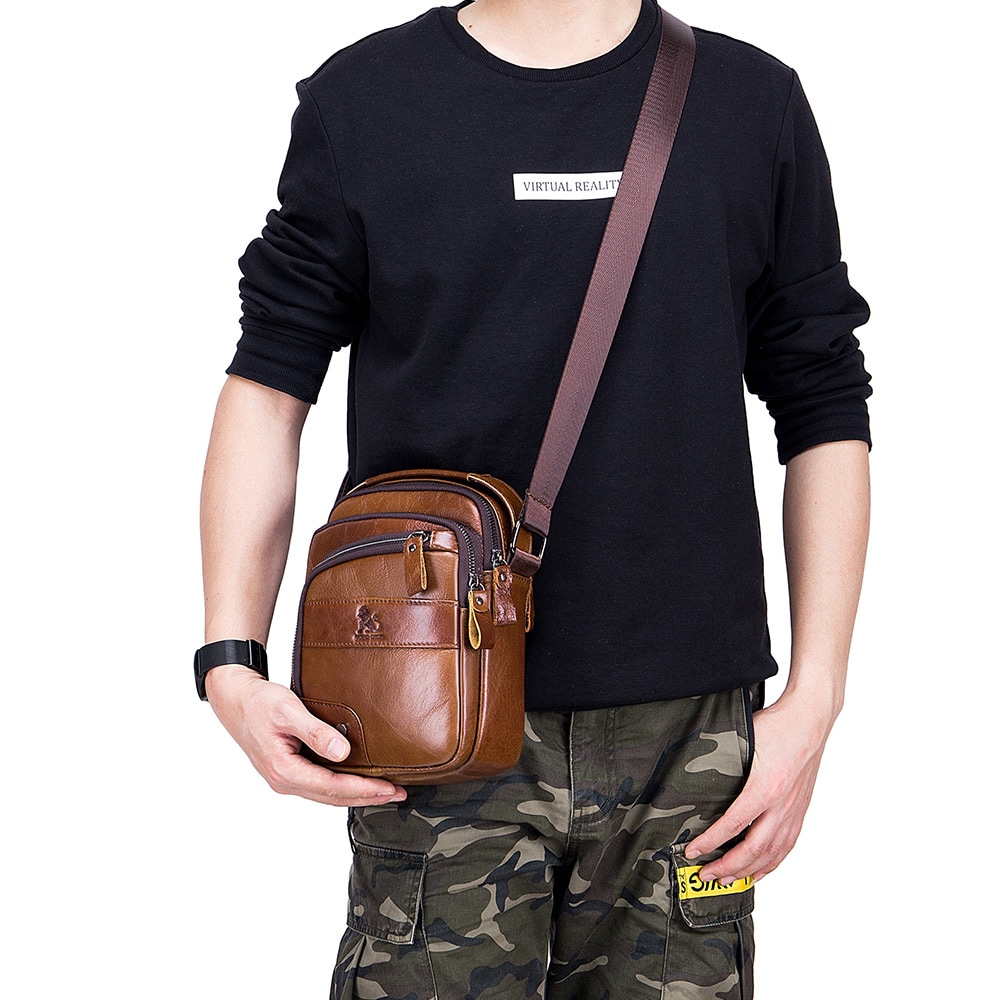 LAOSHIZI Layer of Real Leather Men's Small Bag Fashion One Shoulder Men's- Black LAOSHIZI Layer of Real Leather Men's Small Bag Fashion One Shoulder Men's- Black