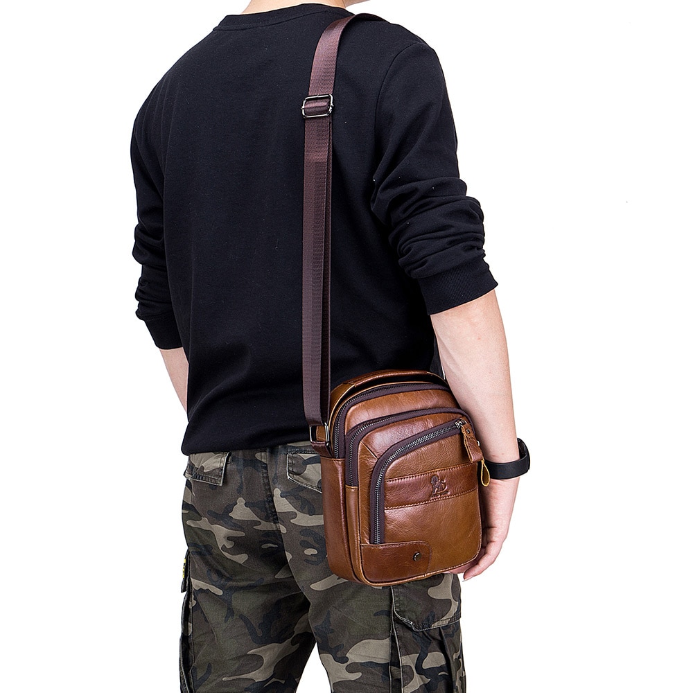 LAOSHIZI Layer of Real Leather Men's Small Bag Fashion One Shoulder Men's- Black LAOSHIZI Layer of Real Leather Men's Small Bag Fashion One Shoulder Men's- Black