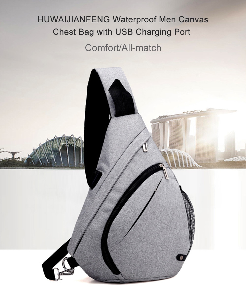 HUWAIJIANFENG Waterproof Men Canvas Chest Bag with USB Charging Port- Gray Goose HUWAIJIANFENG Waterproof Men Canvas Chest Bag with USB Charging Port- Gray Goose