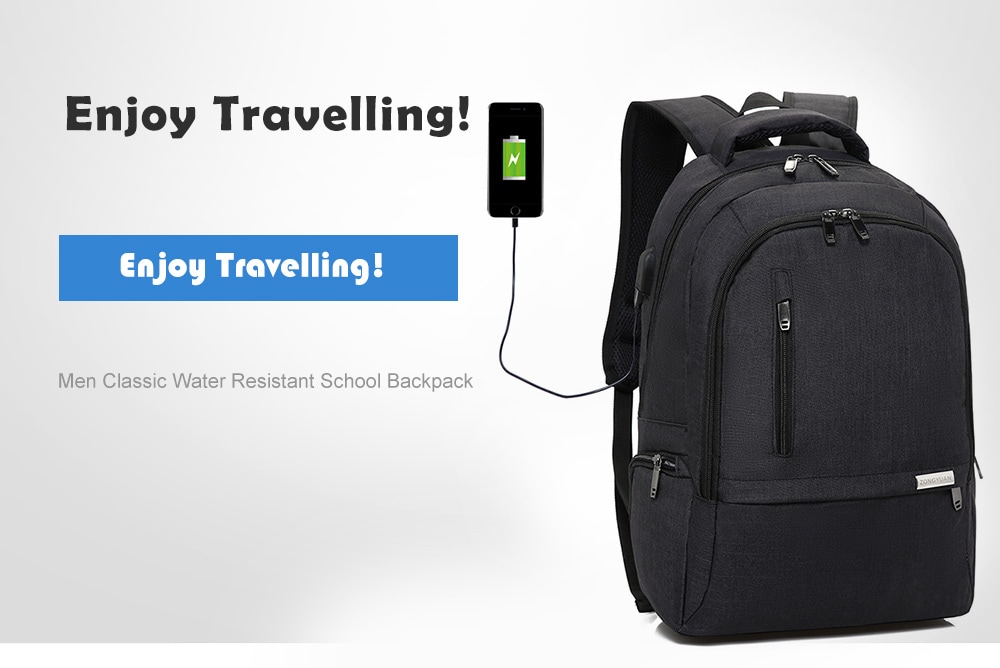 Men Classic Water Resistant School Backpack- Black Men Classic Water Resistant School Backpack- Black