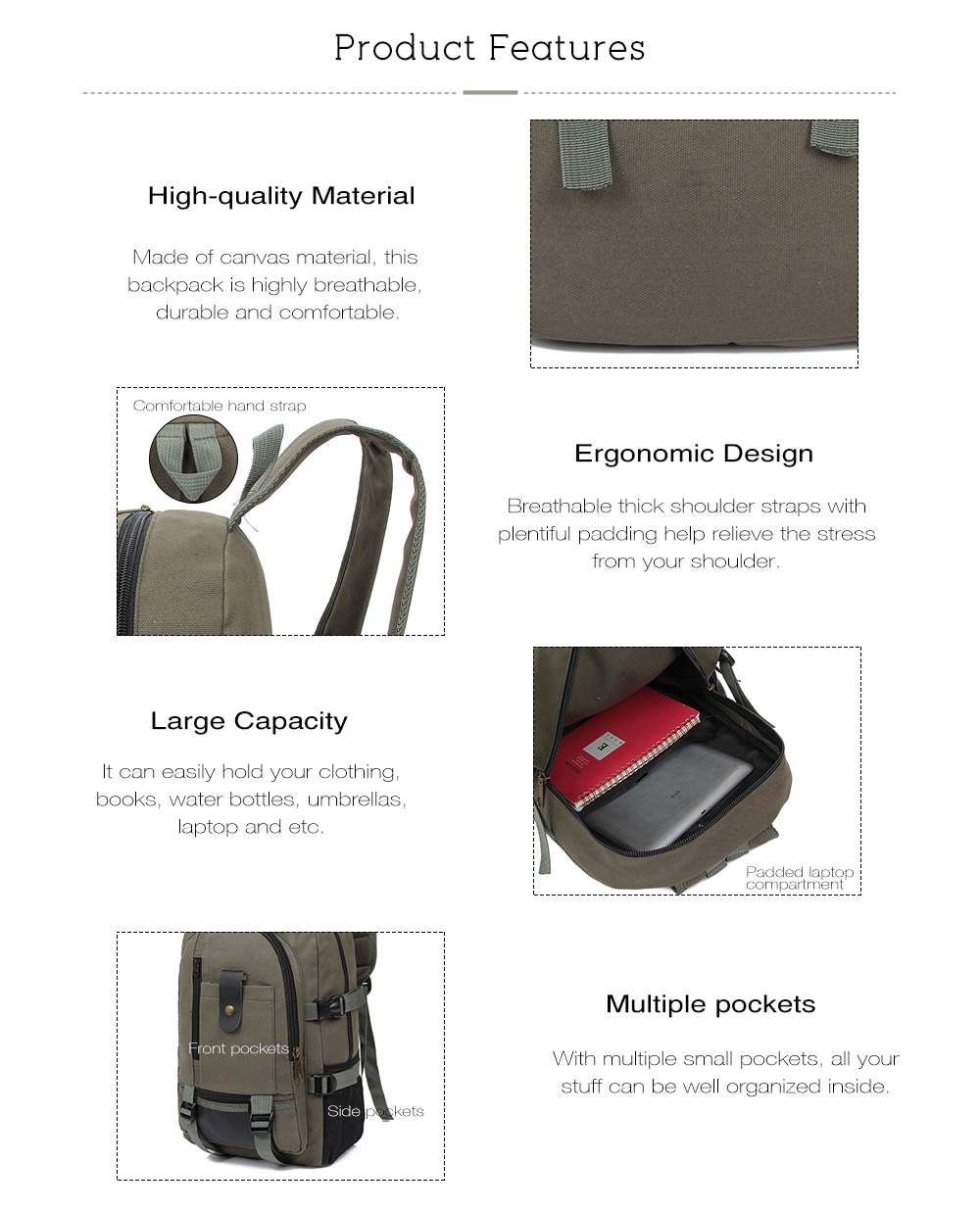 Trendy Outdoor Large Capacity Canvas Backpack for Men- Army Green Trendy Outdoor Large Capacity Canvas Backpack for Men- Army Green
