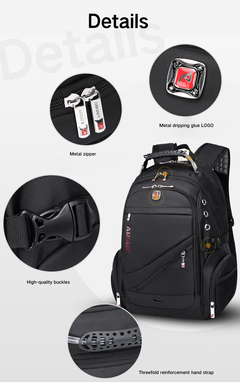AUGUR Large Capacity Durable Oxford Backpack for Men- Black AUGUR Large Capacity Durable Oxford Backpack for Men- Black