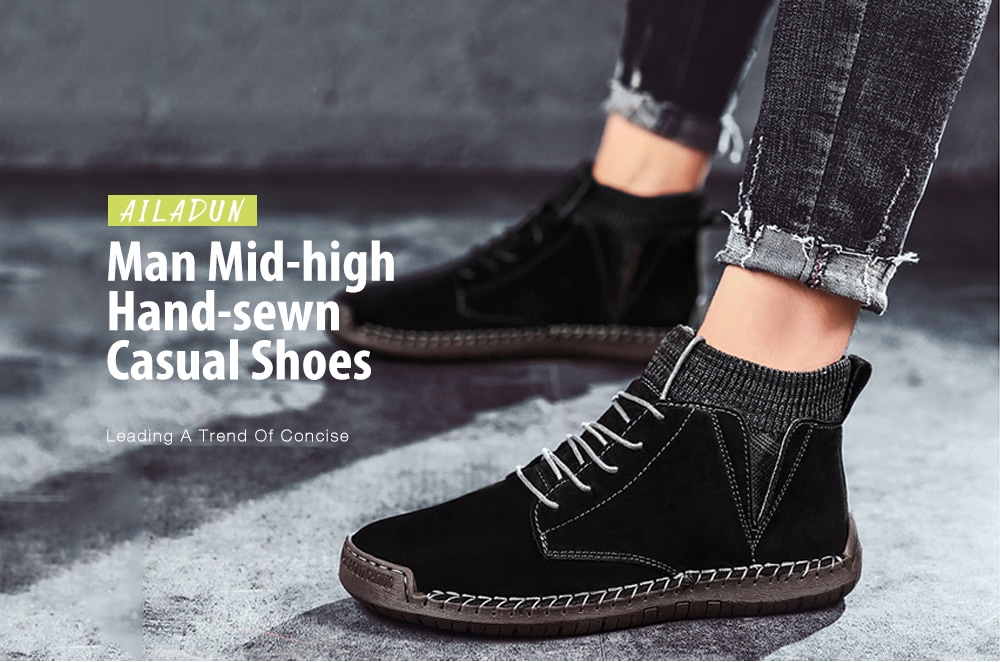 AILADUN Man Mid-high Hand-sewn Casual Shoes Solid Color Lace-up Large Size Footwear Durable - Light Khaki EU 44 AILADUN Man Mid-high Hand-sewn Casual Shoes Solid Color Lace-up Large Size Footwear Durable - Light Khaki EU 44