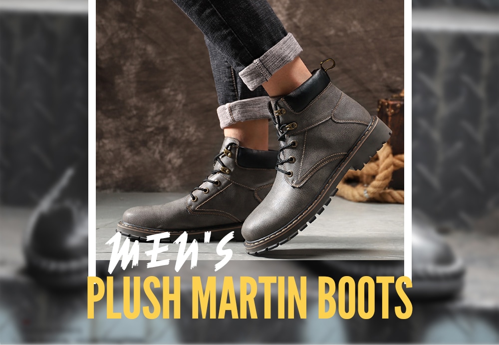 Men's Plush Keep Warm Martin Boots Lace-up Solid Color British Style- Gray EU 43 Men's Plush Keep Warm Martin Boots Lace-up Solid Color British Style- Gray EU 43