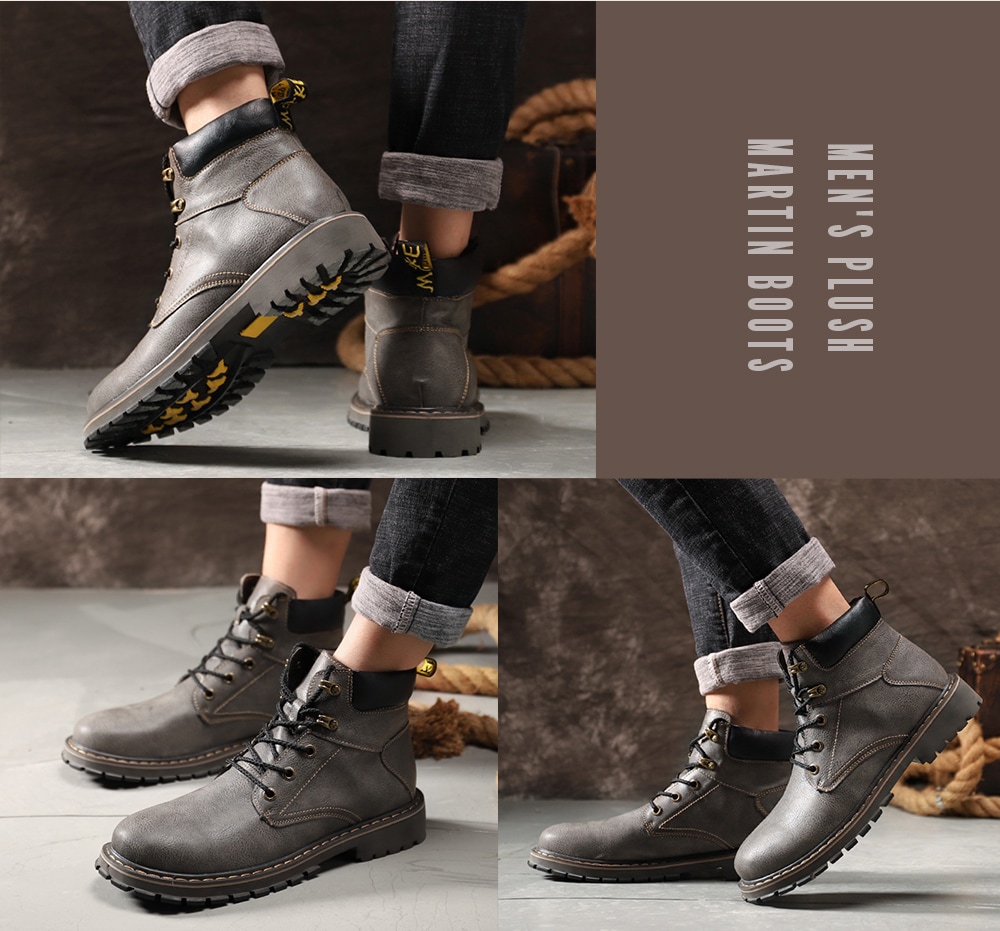 Men's Plush Keep Warm Martin Boots Lace-up Solid Color British Style- Gray EU 43 Men's Plush Keep Warm Martin Boots Lace-up Solid Color British Style- Gray EU 43